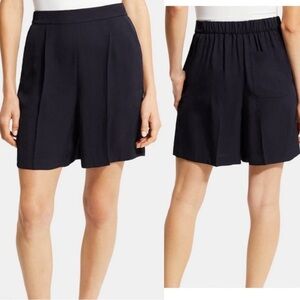 Theory Navy Blue Washed Twill Pleated Pull On Shorts Large